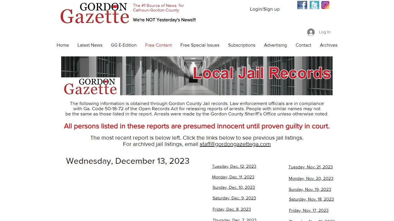 Jail Records | Gordon Gazette
